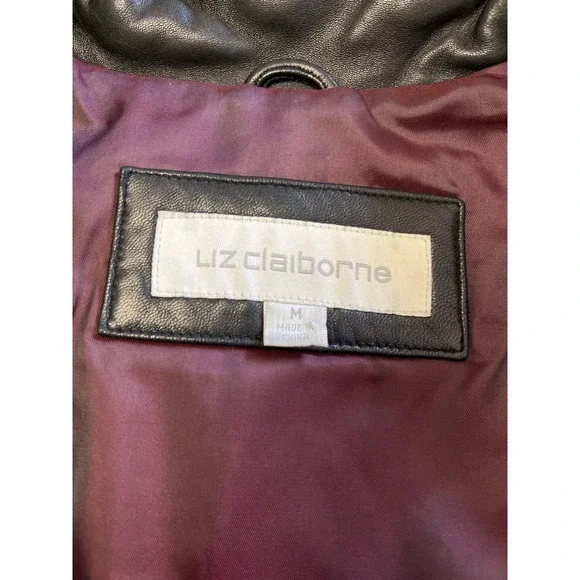 Vintage Y2K LIZ CLAIBORNE Black Leather Car Coat Jacket Zip Sz M Minimalist Goth - Picture 6 of 16